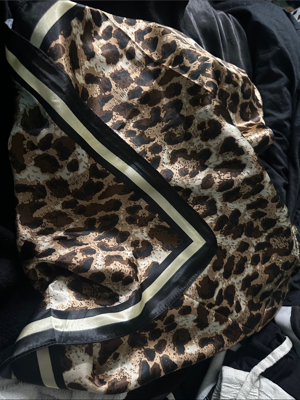 SHEIN Leopard Print Satin Scarf in Brown, Black & Cream